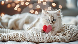 A fluffy Valentine's Day gift. Cute fluffy white kitten playing With Red Heart Valentine's card on white