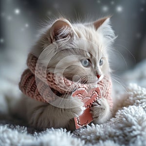 A fluffy Valentine's Day gift. Cute fluffy white kitten in a scarf, playing With Red Heart Valentine's card