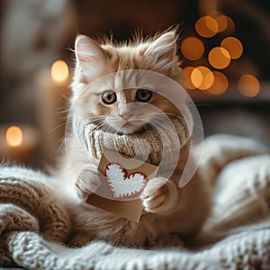 A fluffy Valentine's Day gift. Cute fluffy white kitten in a scarf, playing With Red Heart Valentine's card