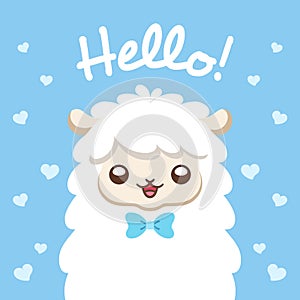 Fluffy white alpaca, sheep, llama animal cartoon with hello text print design.
