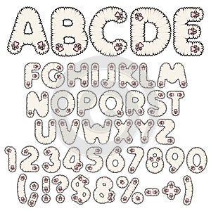 Fluffy white alphabet, letters, numbers and signs with pink paws. Set of isolated vector objects.