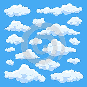 Fluffy white cartoon clouds in blue sky vector set. Cloudy day heaven