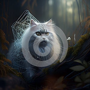 fluffy white cat in the forest sits near the cobweb