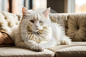 Fluffy white cat lies on the sofa in the living room