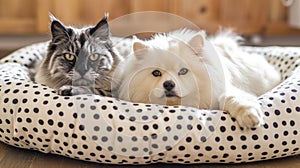 A fluffy white dog and grey cat lay together on a comfortable pet bed.