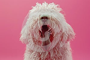 Fluffy White Dog with Tongue Out on Pink Background Cute and Playful Canine Portrait, Perfect Companionship Symbol, Ideal for Pet