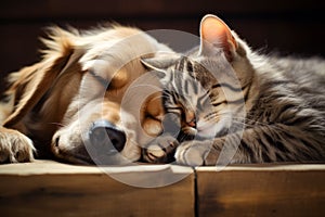 fluffy white and gray kitten sleeping next to puppy on the floor. Beautiful animal faces. Friendship of pets. love of a