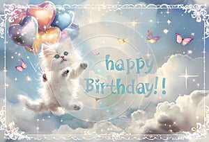 Fluffy Kitten with Heart-Shaped Balloons in a Sparkling Sky - Birthday Greetings photo