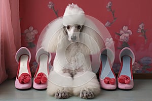 a fluffy white poodle beside a pair of pink bunny slippers