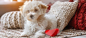 Fluffy white puppy on plush rug in cozy living room, adoring red heart toy under golden sunlight photo