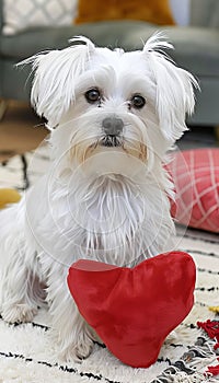 Fluffy white puppy on plush rug in cozy living room, gazing at heart toy in sunlight filled space