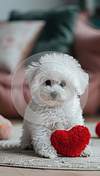 Fluffy white puppy on rug with heart toy in cozy living room, pastel walls, sunlight through window
