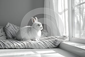 Fluffy white rabbit on knitten blanket, Cute pet