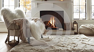 A fluffy white rug covers the floor in front of the fireplace creating a cozy nook to curl up in. 2d flat cartoon