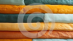 Fluffy wool garment stack, vibrant colors, elegant textile fashion generated by AI