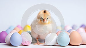 Fluffy yellow baby chick standing in front of colorful Easter eggs