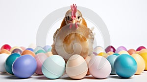 Fluffy yellow baby chick standing in front of colorful Easter eggs