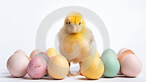 Fluffy yellow baby chick standing in front of colorful Easter eggs