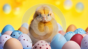 Fluffy yellow baby chick standing in front of colorful Easter eggs