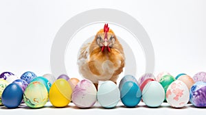 Fluffy yellow baby chick standing in front of colorful Easter eggs