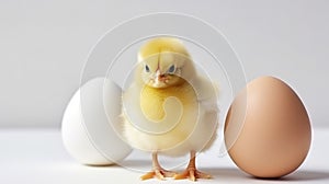 Fluffy yellow baby chick standing in front of golden Easter eggs