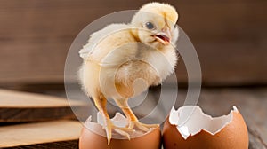 Tiny Yellow Chick Standing on Broken Eggshell in the Springtime