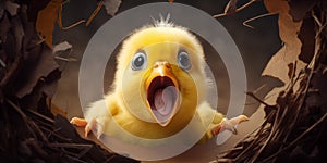 A fluffy yellow chick peeks out from a broken eggshell, chirping with wide-eyed wonder.