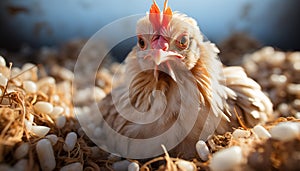 Fluffy yellow chick peeks out of chicken coop on farm generated by AI