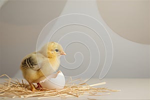 Fluffy Yellow Chick Stands Beside Broken Eggshell