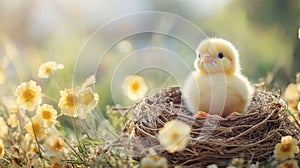 A Fluffy Yellow Chickling In A Nest Of Grass