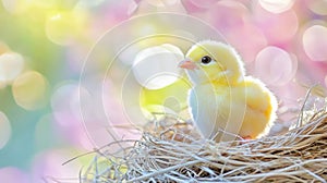 Fluffy Yellow Chickling In Nest Springtime