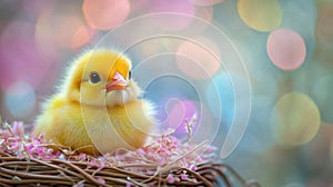 A Fluffy Yellow Chickling Nestled In A Nest