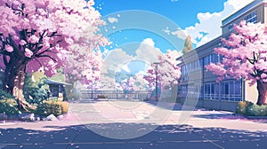 Fluid anime school background with cherry blossom trees