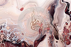 Fluid Art. Abstract marble background or texture. Waves and bubbles in natural colors with golden inclusions