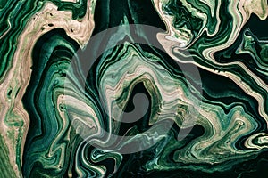 Fluid Art. Black marble background with dark green and golden waves. Abstract background or texture