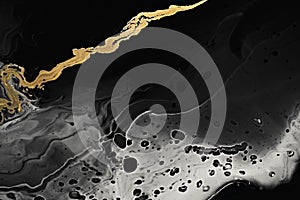 Fluid Art. Metallic gold abstract waves on Black and white background. Marble effect background or texture