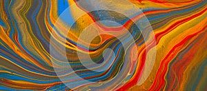 Fluid art painting. Blue, golden, red, yellow, orange.