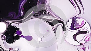 Fluid art painting footage, trendy acryl texture with colorful bubbles. Liquid paint mixing artwork with waves and swirl