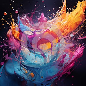 Fluid art. Spectacular 3D dynamic images with flying drops of paint. Living splash structure. Generated using a neural network.