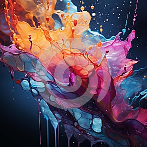 Fluid art. Spectacular 3D dynamic images with flying drops of paint. Living splash structure. Generated using a neural network.