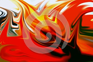 Fluid dark red yellow white orange green colors, colorful background, waves like shapes