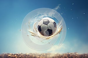 A fluid motion shot of a soccer ball bending in mid-air during a free-kick