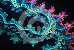 A fluid and organic arrangement of neon fractals that resemble waves or ripples in a body of water in the space