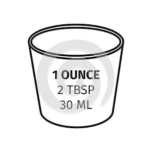 Fluid ounce glass converted to tablespoons and milliliters. Unit of volume for measuring liquids isolated on white