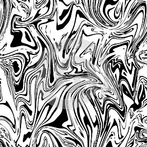 Fluid painting seamless pattern design. Black fluid lines on white background marble geode