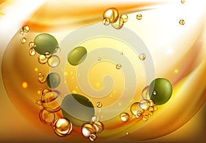 Fluid shape mixing water and oil, Leaf of green olives. Realistic Olive drop oil branch background