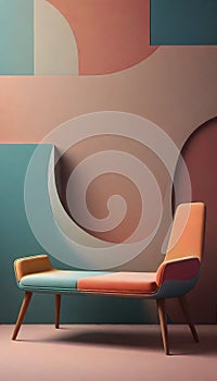 Fluid Shapes and Pastel Colors on the Wall, Complemented by a Stylish Armchair, Generative AI photo