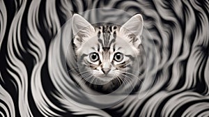 Fluid Surrealism: Close-up Portrait Of A Cute Fox Kitten On Zebra Pattern Backdrop