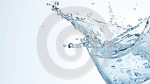 Fluid water with splashing droplets against a white background. Banner. Copy space. Concept of hydration, purity