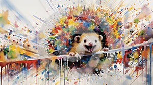 fluidity and unpredictability of watercolors by creating a dynamic and energetic Hedgehog print. design cute Hedgehog poster